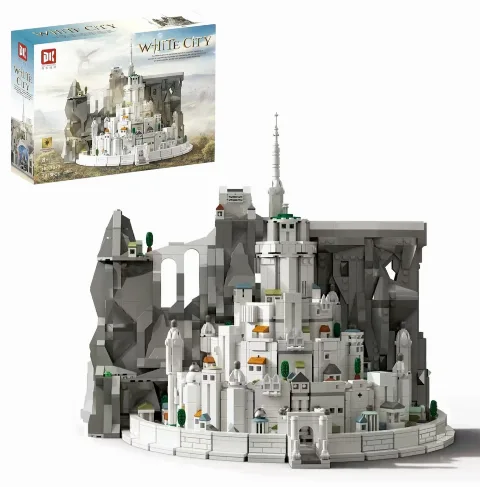 Auf dem Foto sieht man eine Nahaufnahme eines detailgetreuen Klemmbaustein und Lego Sets der Stadt Minas tirith aus Herr der