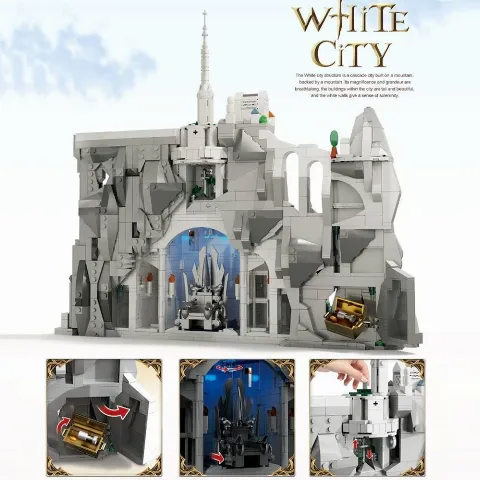 Auf dem Foto sieht man eine Nahaufnahme eines detailgetreuen Klemmbaustein und Lego Sets der Stadt Minas tirith aus Herr der