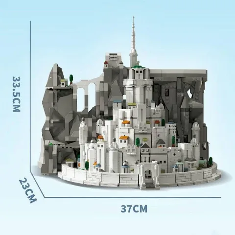Auf dem Foto sieht man eine Nahaufnahme eines detailgetreuen Klemmbaustein und Lego Sets der Stadt Minas tirith aus Herr der