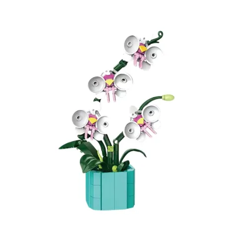 Auf dem Foto sieht man eine Aufnahme eines detailgetreuen Klemmbaustein Sets einer schönen Orchidee – LEGO