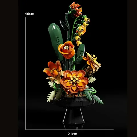 Auf dem Foto sieht man eine Aufnahme eines detailgetreuen Klemmbaustein Sets eines schönen Blumenstrauß – LEGO