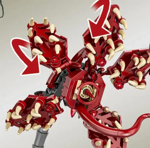 Auf dem Foto sieht man eine Nahaufnahme eines detailgetreuen Klemmbaustein und Legosets der Demodog Figur aus Stranger Things