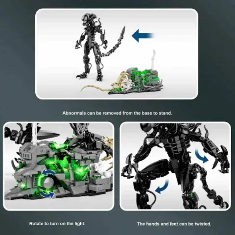 Auf dem Foto sieht man eine Nahaufnahme eines detailgetreuen Klemmbaustein und Lego Sets der Alien-Figur aus dem Film Alien v