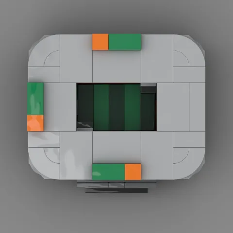 Auf dem Foto ist eine Nahaufnahme eines Stadions des Fussballvereins Augsburg, aus Klemmbausteinen nachgebaut, zu sehen. – LEGO