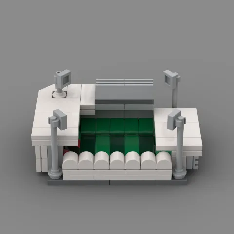Auf dem Foto ist eine Nahaufnahme eines Stadions des Fussballvereins GreutherFürth, aus Klemmbausteinen nachgebaut, zu sehen. – LEGO