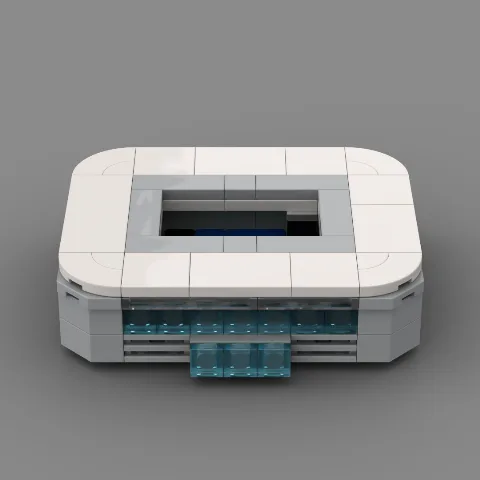 Auf dem Foto ist eine Nahaufnahme eines Stadions des Fussballvereins Hoffenheim, aus Klemmbausteinen nachgebaut, zu sehen. – LEGO