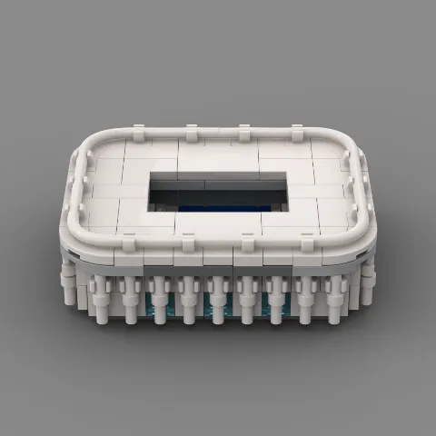 Auf dem Foto ist eine Nahaufnahme eines Stadions des Fussballvereins Karlsruhe, aus Klemmbausteinen nachgebaut, zu sehen. – LEGO