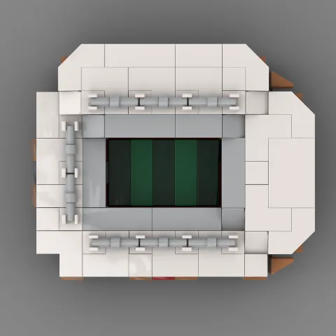 Auf dem Foto sieht man eine Nahaufnahme eines detailgetreuen Klemmbaustein Stadions des Fussballvereins Liverpool – LEGO
