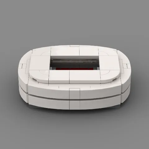 Auf dem Foto sieht man eine Nahaufnahme eines detailgetreuen Klemmbaustein Stadions des Fussballvereins Bayern München – LEGO