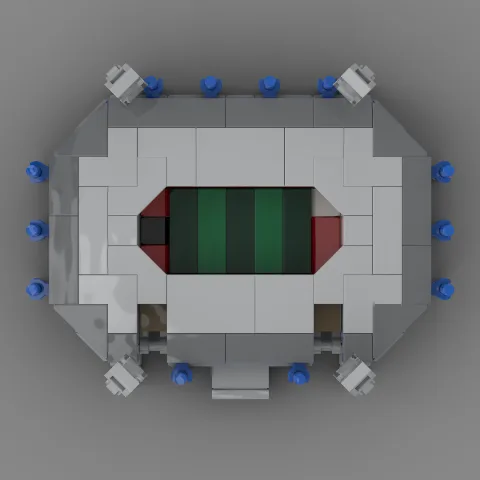 Auf dem Foto sieht man eine Nahaufnahme eines detailgetreuen Klemmbaustein Stadions des Fussballvereins Nürnberg – LEGO