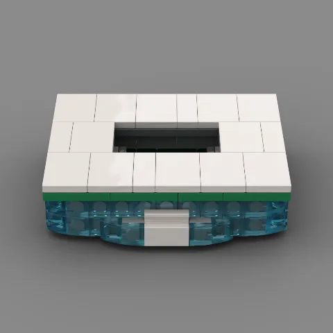 Auf dem Foto sieht man eine Nahaufnahme eines detailgetreuen Klemmbaustein Stadions des Fussballvereins VFL Wolfsburg – LEGO